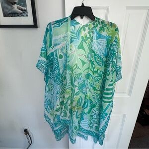 Green Tropical Sheer Kaftan Cover-Up One Size Boho Beach Resort Wear Never Worn